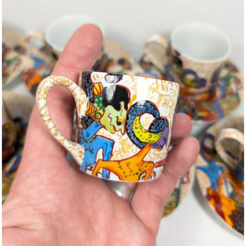 Pacita Abad Espresso Set‎ Mini Cup Mug Saucer Porcelain RARE Wayang Pandawa Lima